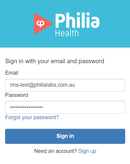 Login page of app.philialabs.com.au